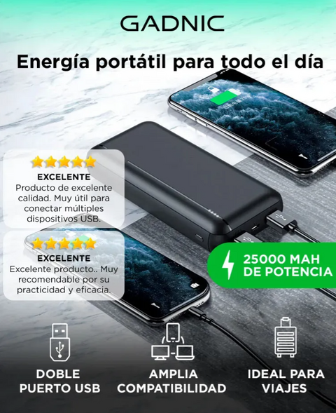 Cargador Portatil Gadnic 25000 mAh Carga Rapida 5V 2A Dual Entrada Micro Entrada Tipo C