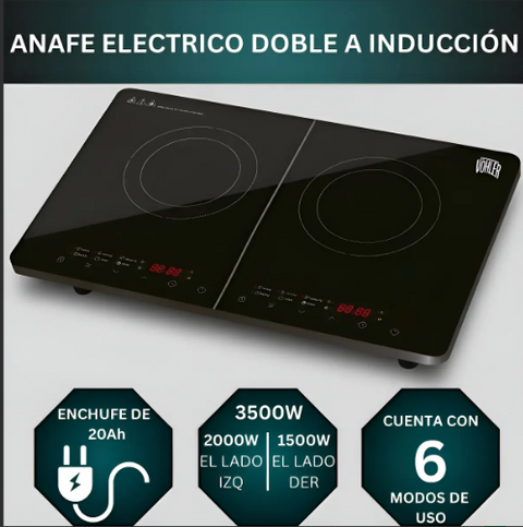 Anafe Eléctrico Inducción Doble Vöhler 3500W 2 Hornallas Negro Digital