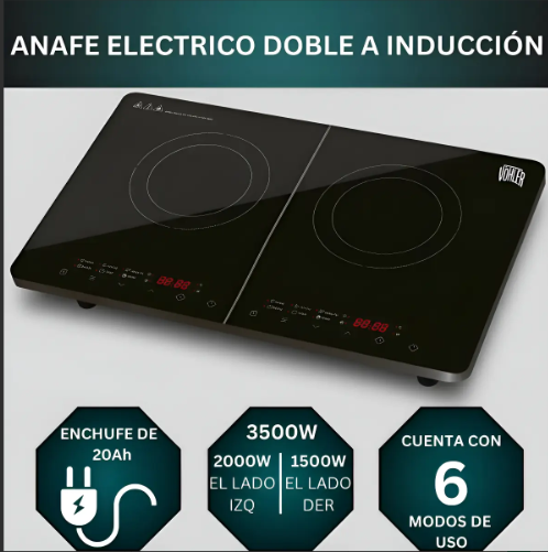 Anafe Eléctrico Inducción Doble Vöhler 3500W 2 Hornallas Negro Digital