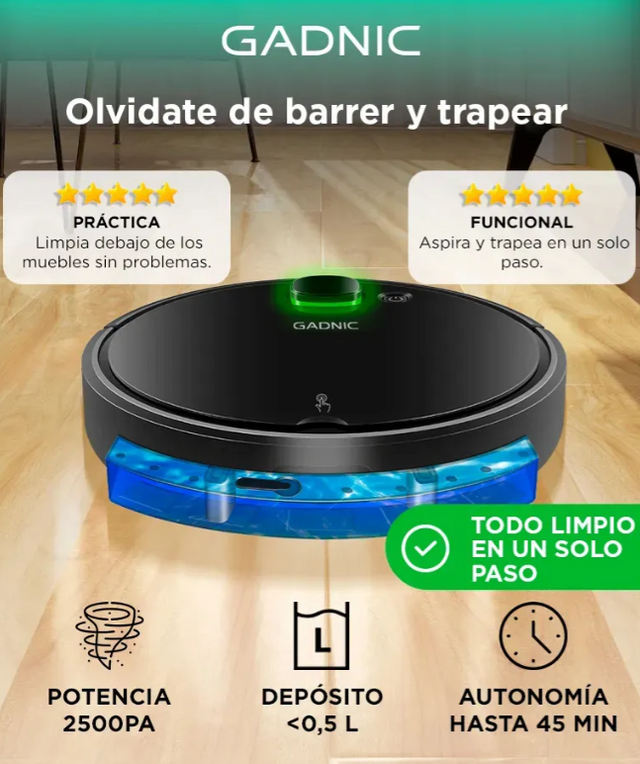 Aspiradora Robot Gadnic Potente Succión Sensor Anti Caídas Filtro HEPA Lavable Depósito Extraíble