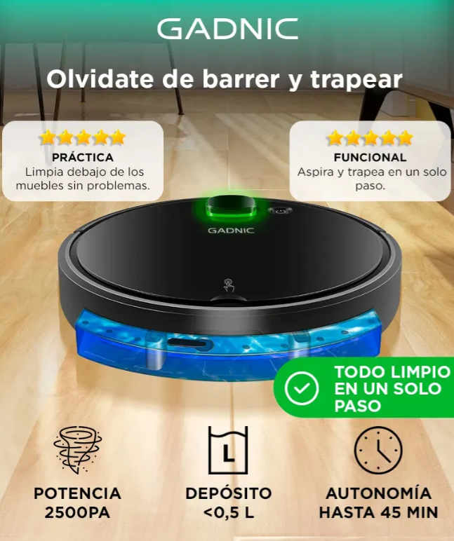 Aspiradora Robot Gadnic Potente Succión Sensor Anti Caídas Filtro HEPA Lavable Depósito Extraíble