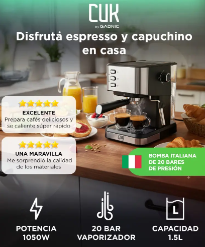 Cafetera Espresso Con Espumador Cuk By Gadnic 20 Bares 1,5l Espumador 1050W Tanque Removible Acero Inoxidable