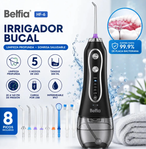 Irrigador Bucal oral Ducha Dental Water Hf-6 Belfia con 5 Niveles 8 Picos USB recargable 300 ML de agua ideal para brackets implantes mal aliento cuidado de encias