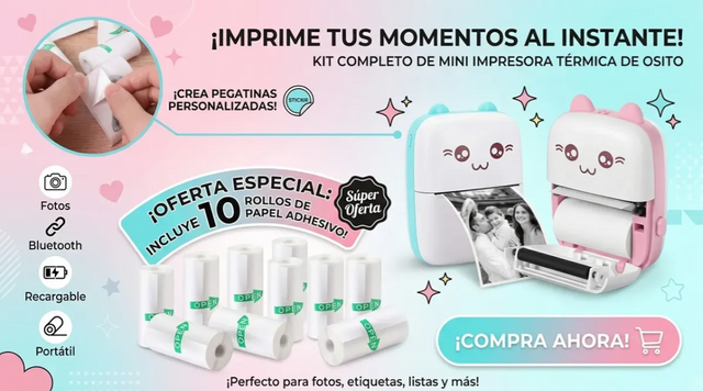 Mini Impresora Térmica + 10 Rollos Repuesto Papel Adhesivo